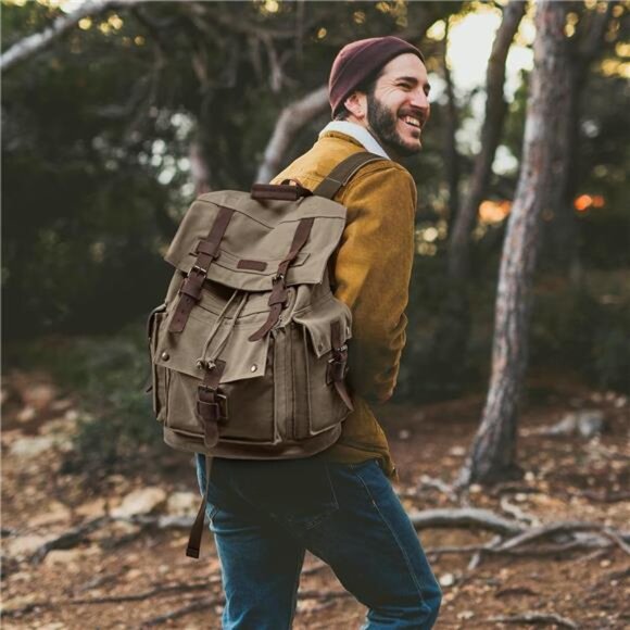 Men’s Leather Canvas Backpack Large Bag Green - Picture 2 of 6